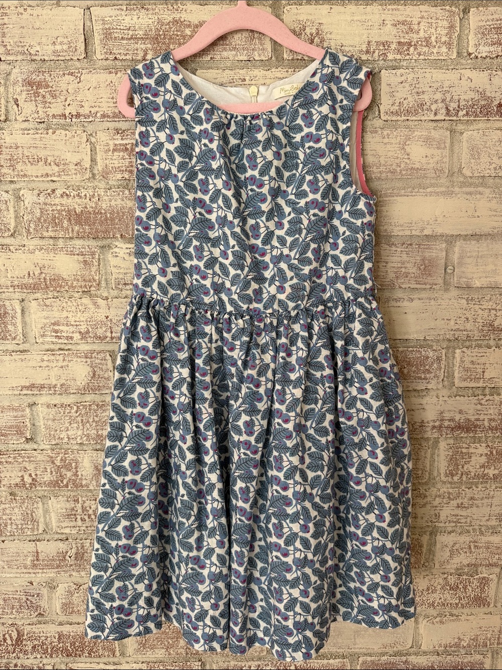 Mini Boden Blue Leaf & Pink Berry Sleeveless Dress